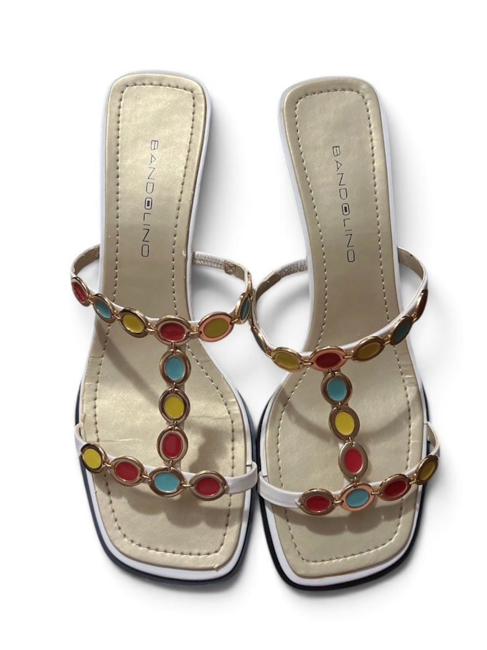 Bandolino White T-Strap Sandals with Multicolored Gem Accents